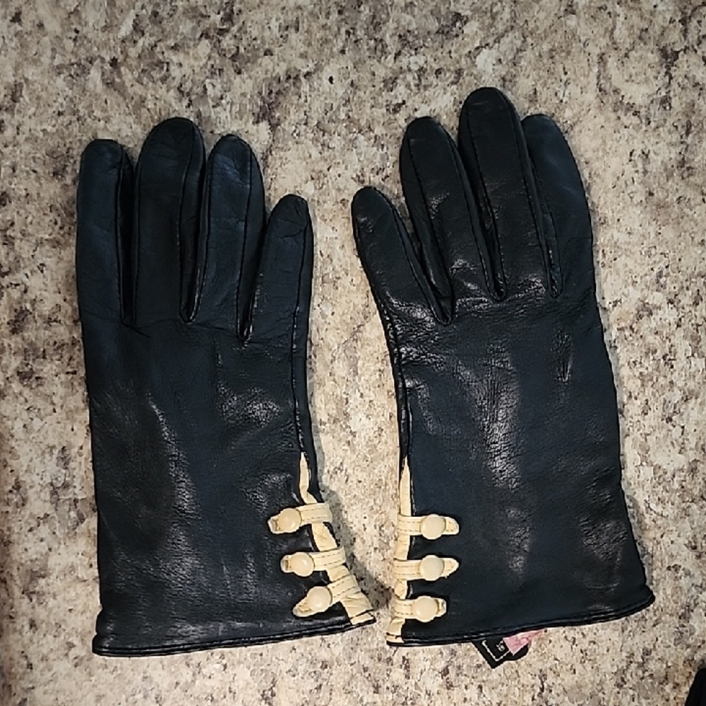 Black Leather Gloves Genuine Leather Cream Accents Small Steampunk SO Victorian